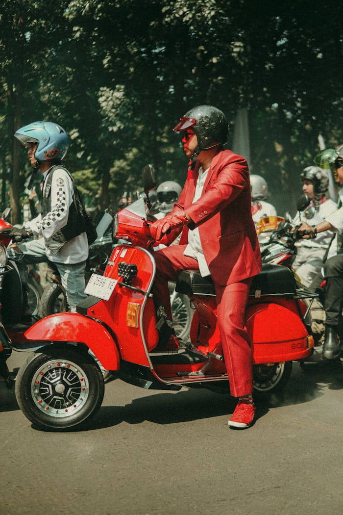 Vibrant scooter parade showcasing Vespa culture in Bandung, Indonesia.