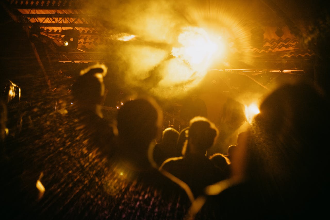 A lively crowd at a music concert with bright lights and smoke effects creating an energetic atmosphere.
